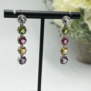 K 925 Sterling Silver Rhodium Semi Precious Multi Gemstone Round Dangle Earrings